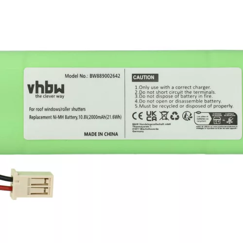 VHBW Rollladenakku Velux 946987, 946930, 946933 - 2000 mAh 10,8 V NiMH + Kabel