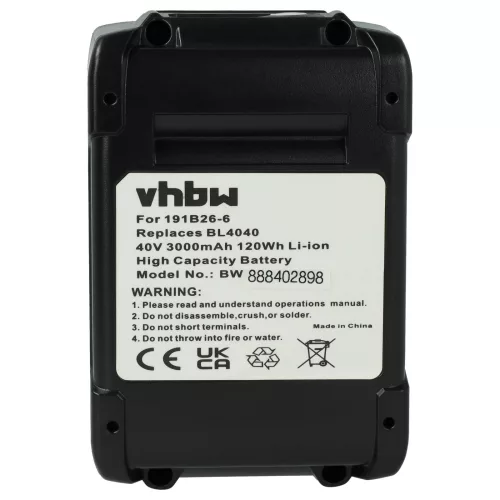 VHBW Electric Tool Battery 191X65-8, 191B36-3, 191B26-6, 191L29-0 - 3000 mAh 40 V Li-Ion