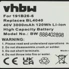 VHBW Electric Tool Battery 191X65-8, 191B36-3, 191B26-6, 191L29-0 - 3000 mAh 40 V Li-Ion