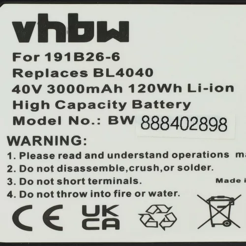VHBW Electric Tool Battery 191X65-8, 191B36-3, 191B26-6, 191L29-0 - 3000 mAh 40 V Li-Ion