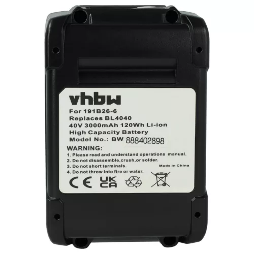 VHBW Electric Tool Battery Makita 191X65-8, 191B36-3, 191B26-6, 191L29-0 - 3000 mAh 40 V Li-Ion