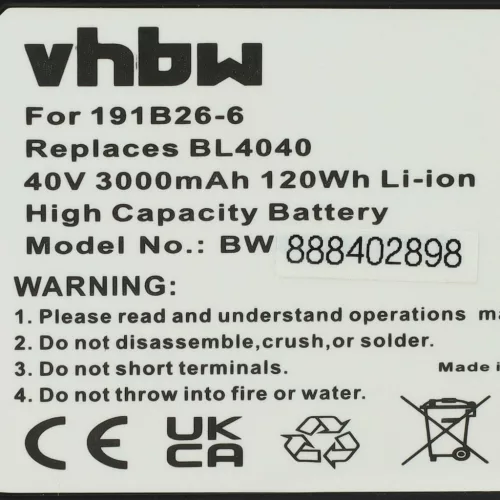 VHBW Electric Tool Battery Makita 191X65-8, 191B36-3, 191B26-6, 191L29-0 - 3000 mAh 40 V Li-Ion