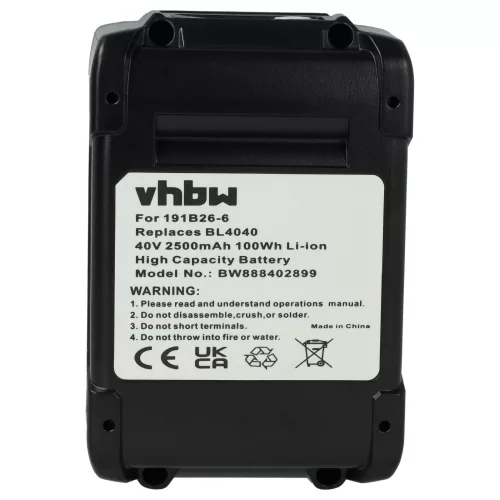 VHBW Electric Tool Battery 191X65-8, 191B36-3, 191B26-6, 191L29-0 - 2500 mAh 40 V Li-Ion