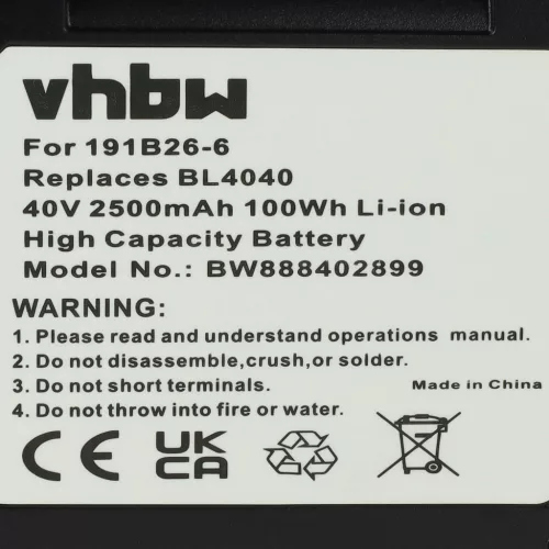VHBW Electric Tool Battery Makita 191X65-8, 191B36-3, 191B26-6, 191L29-0 - 2500 mAh 40 V Li-Ion