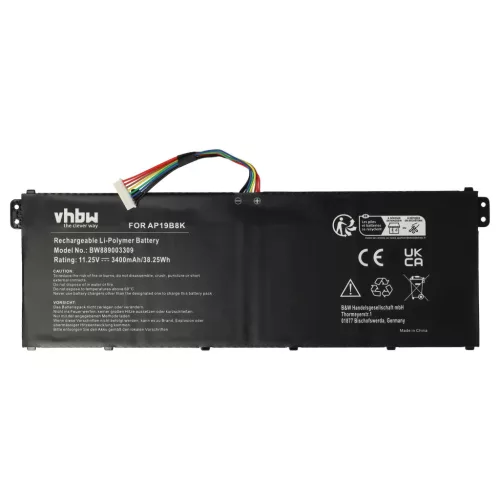 Notebook Batterie ersetzt Acer KT0030G022, KT00304013, AP19B8K, AP18C4K - 3400 mAh 11.25 V Li-Polymer, schwarz