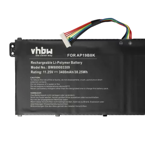 Notebook Batterie ersetzt Acer KT0030G022, KT00304013, AP19B8K, AP18C4K - 3400 mAh 11.25 V Li-Polymer, schwarz