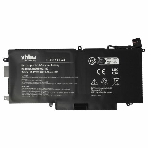 VHBW Notebook Akkumulátor Dell X49C1, CFX97, 71TG4 - 3000 mAh 11,4 V Li-polimer