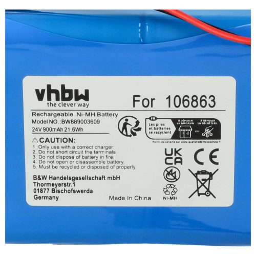 VHBW Schiebetorakku Geze 25020, 106863, 20KR15/48, 4894128192794, 51526 - 900 mAh 24 V NiMH