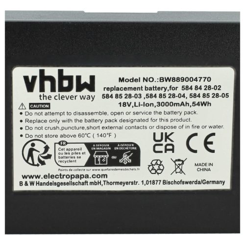 VHBW Battery Flymo 5902142-02, 5848228-01, 5848428-02, 584 84 28-02, 590 21 42-02 - 3 Ah 18 V Li-Ion