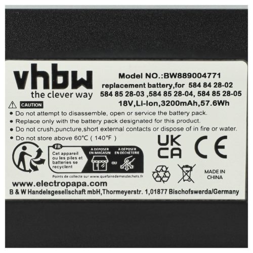 VHBW Battery Flymo 5902142-02, 5848228-01, 5848428-02, 584 84 28-02, 590 21 42-02 - 3200 mAh 18 V Li-Ion