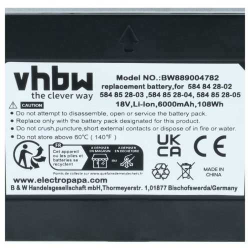 VHBW Battery Husqvarna 5848228-01, 5848428-02, 584 84 28-02, 5848528-01, 5848528-02 - 6000 mAh 18 V Li-Ion