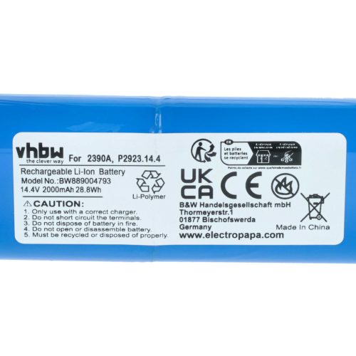 VHBW Akku Bissel FOKZS900001R, P2923, P2923.14.4, 1627654, EAG101700JK8 - 2000 mAh 14,4 V Li-Ion