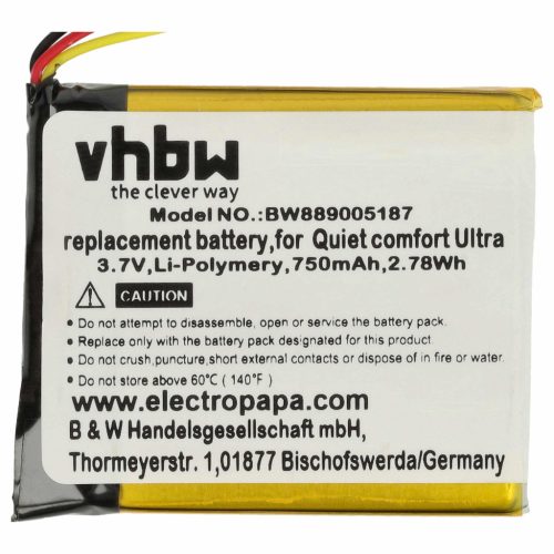 VHBW Drahtloser Kopfhörer Akku Bose Quiet Comfort Ultra - 750 mAh 3,7 V Li-Polymer