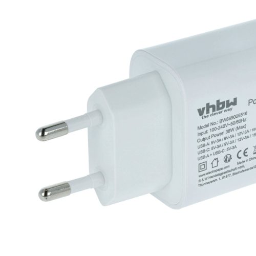 VHBW Hálózati adapter Huawei, Google, Apple Pixel elektromos eszközökhöz - 5 / 9 / 12 / 15 / 20 V