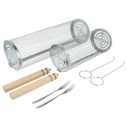   VHBW Grill Kosár Szett - Nagy és Kicsi, Fa Nyéllel, Rozsdamentes Acél