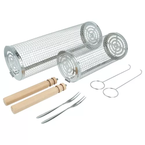 VHBW Grill Kosár Szett - Nagy és Kicsi, Fa Nyéllel, Rozsdamentes Acél