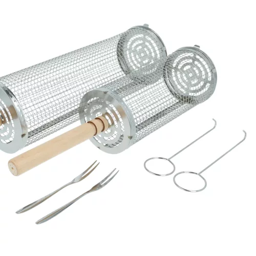 VHBW Grill Kosár Szett - Nagy és Kicsi, Fa Nyéllel, Rozsdamentes Acél