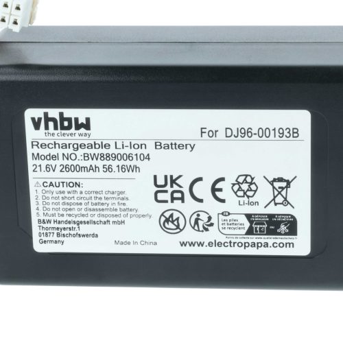 VHBW Staubsauger Akku DJ96-00193F, DJ96-00193B, DJ68-00741V-00, VCA-RBT72 - 2600 mAh 21,6 V Li-Ion