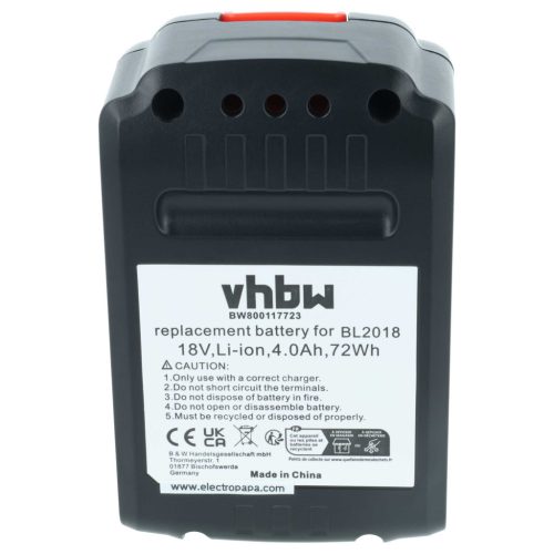 VHBW Elektromos szerszám akkumulátor BL1318, BL1518, BL1518-XJ - 4000 mAh 18 V Li-Ion