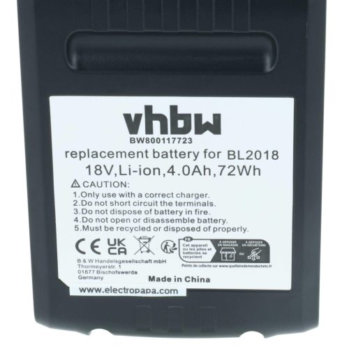 VHBW Elektromos szerszám akkumulátor BL1318, BL1518, BL1518-XJ - 4000 mAh 18 V Li-Ion