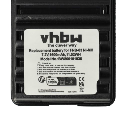 VHBW Radio Battery FNB-64H, FNB-57, FNB-64, FNB-83, AAJ66X001 - 1600 mAh 7.2 V NiMH