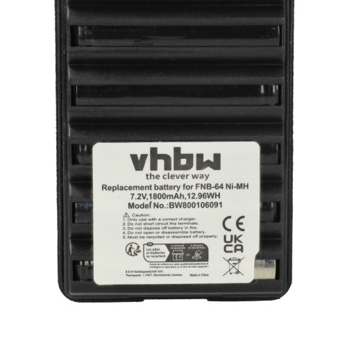VHBW Radio Battery FNB-64H, FNB-57, FNB-64, FNB-83, AAJ66X001 - 1800 mAh 7.2 V NiMH