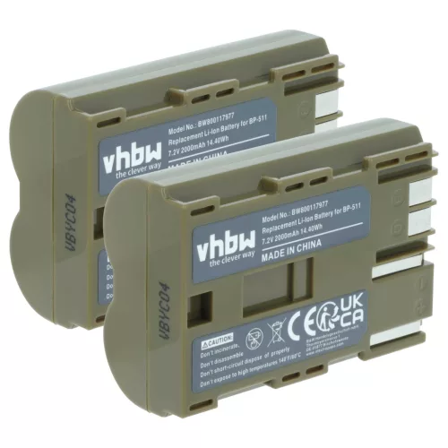 VHBW Akku Canon BP-511A, BP-512, BP-514, BP-511, BP-508 - 2000 mAh 7,4 V Li-Ion