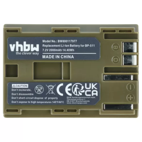 VHBW Akku Canon BP-511A, BP-512, BP-514, BP-511, BP-508 - 2000 mAh 7,4 V Li-Ion