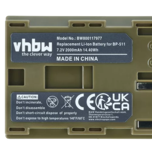 VHBW Akku Canon BP-511A, BP-512, BP-514, BP-511, BP-508 - 2000 mAh 7,4 V Li-Ion