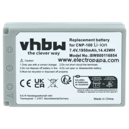 VHBW Akku Casio NP-100L, NP-100 - 1950 mAh 7,4 V Li-Ion