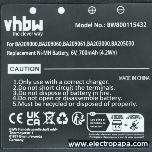 VHBW Fernbedienungsakku HBC BA203000, BA205030, 005-01-00615 - 700 mAh 6 V NiMH
