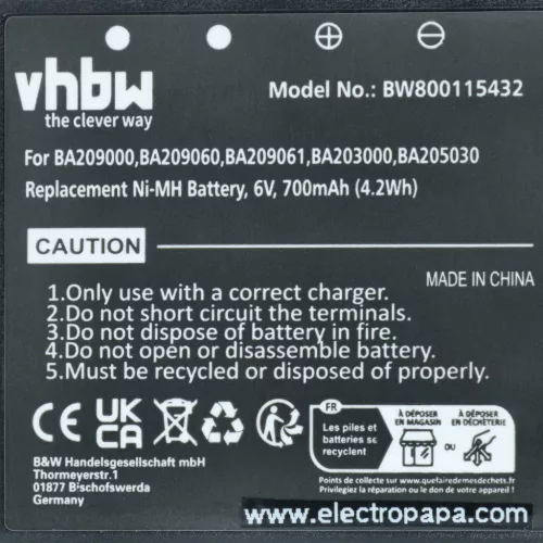 VHBW Fernbedienung Akku BA203000, BA205030, 005-01-00615 - 700 mAh 6 V NiMH