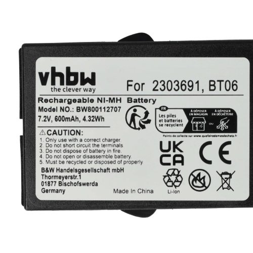 VHBW Remote Control Battery Danfoss 2303691, BT06 - 600 mAh 7.2 V NiMH