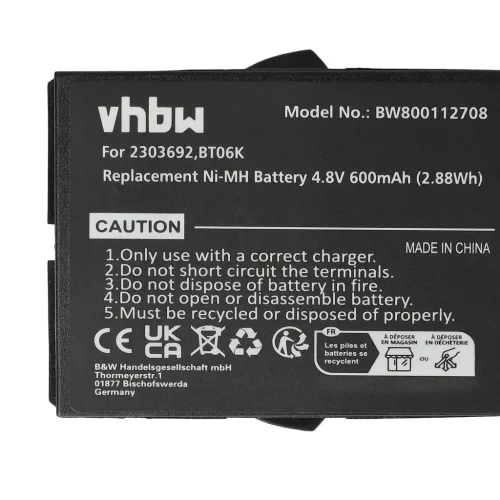 VHBW Remote Control Battery Danfoss 2303692, BT06K - 600 mAh 4.8 V NiMH