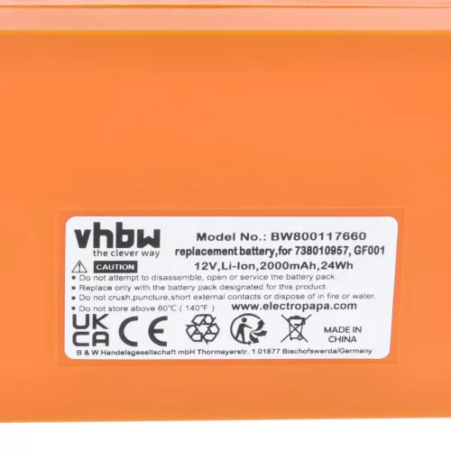 VHBW Remote Control Battery 738010957, 100-000-134 - 2000 mAh 12 V Li-Ion