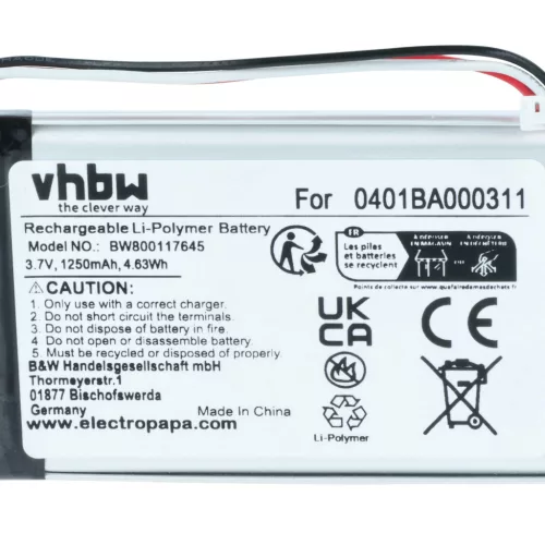 VHBW Remote Control Battery Elca 0401BA000311 - 1250 mAh 3.7 V Li-polymer
