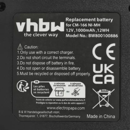 VHBW Radio Battery BP-166, CM-166, CM-166S, CM-22A - 1000 mAh 12 V NiMH