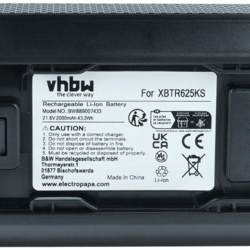VHBW Vacuum Cleaner Battery XBTR625 - 2000 mAh 21.6 V Li-Ion
