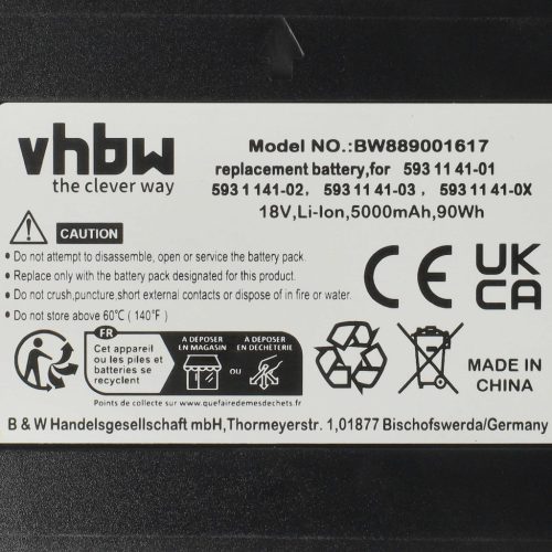 VHBW Battery and Charger Cable for Husqvarna 529 60 68-02, 529 60 68-01 - 5000 mAh 18 V Li-Ion