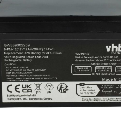 VHBW UPS Akku APC RBC4, VISRBC4 - 12000 mAh 12 V AGM