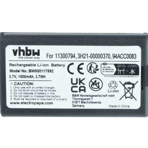 VHBW Akkumulátor Datalogic 11300794, 3H21-00000370 - 1000 mAh 3,7 V Li-Ion