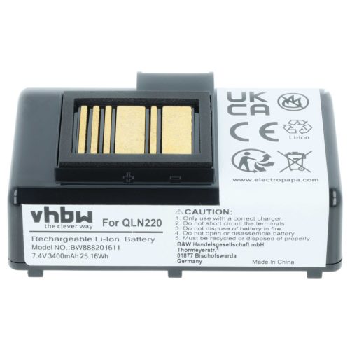 VHBW Printer Battery BTRY-MPP-34MAHC1-01, AT16004, BTRY-MPP-34MA1-01 - 3400 mAh 7.4 V Li-Ion