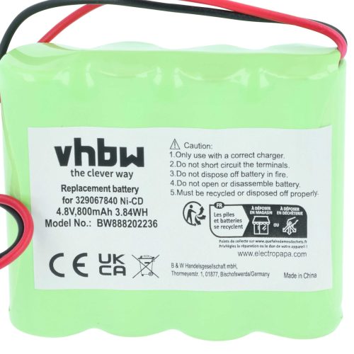 VHBW Emergency Lighting Battery 4BD-AA800BT, 329067840, 513141006 - 800 mAh 4.8 V NiCd