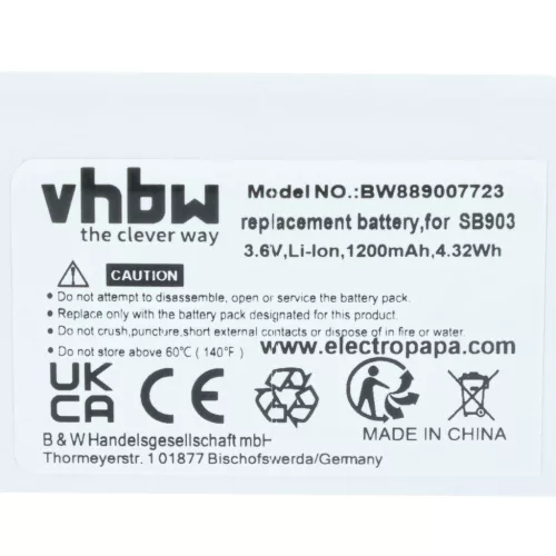 VHBW Kabelloses System Akku SB903 - 1200 mAh 3,7 V Li-Ion