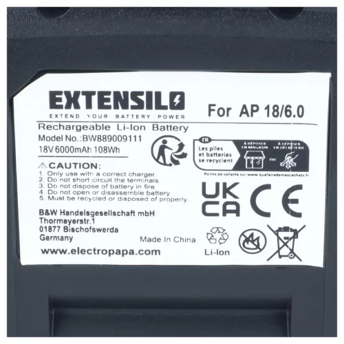 EXTENSILO akkumulátor FLEX AP18/6.0 készülékhez, Li-Ion, 18 V, 6000 mAh
