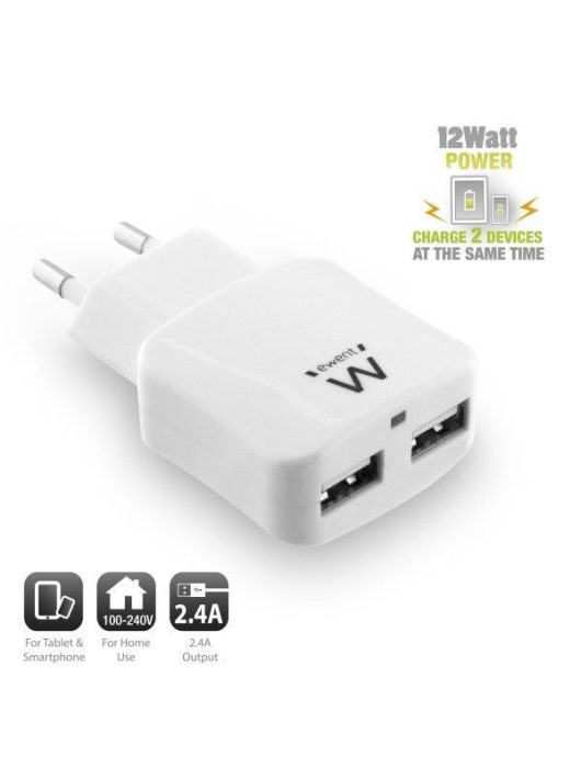 Ewent EW1302 USB hálózati 2 portos töltő Fehér