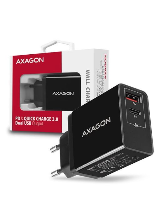 AXAGON ACU-PQ22 Wall Charger PD & Quick Charge 3.0 Dual USB Output 22W Fekete
