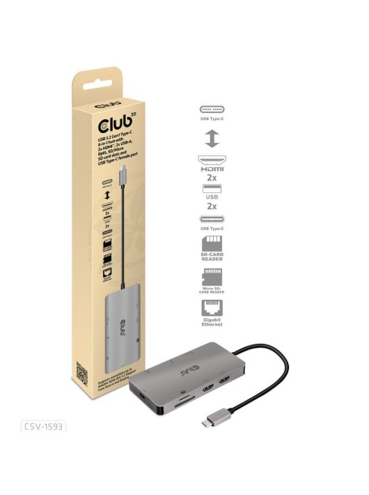 Club3D USB3.2 Gen1 Type-C 8-in-1 hub with 2xHDMI / 2xUSB-A / RJ45 / SD/Micro SD card slots and USB Type-C female port