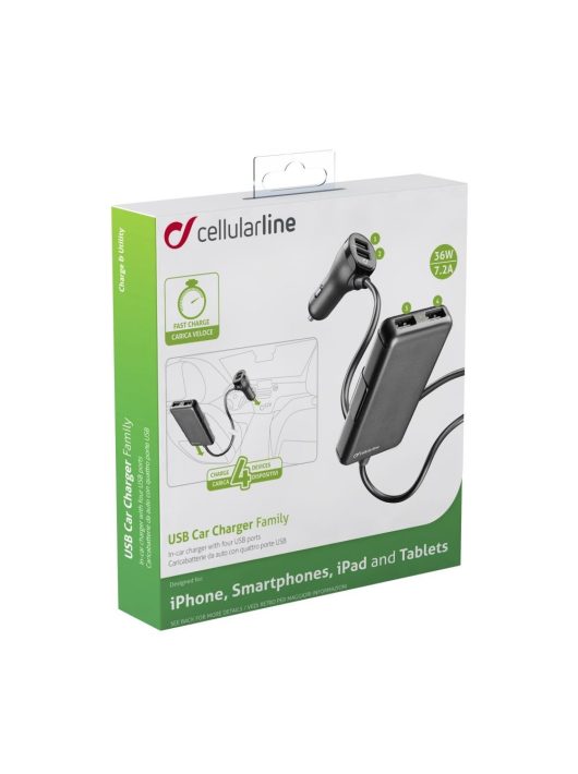 Cellularline car charger with 4 x USB, 7.2 A, black