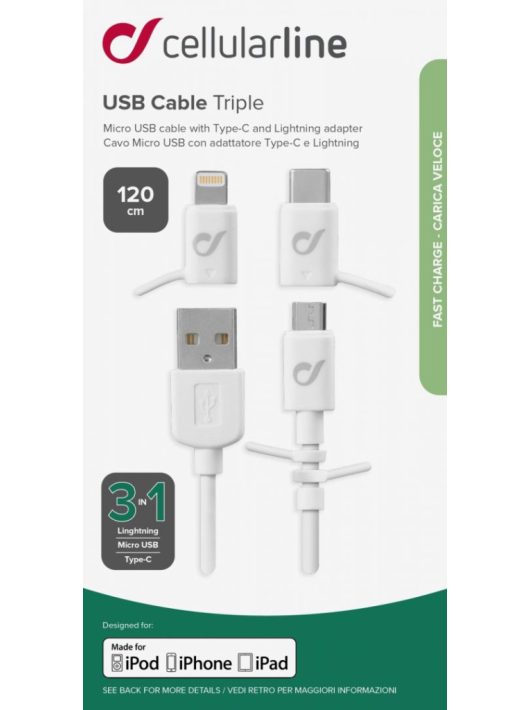 Cellularline USB cable with three Lightning adapters + micro USB + USB-C cable 1m White